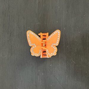 Butterfly Orange Peach & Rhinestone Embellished Wings 3" Lobster Claw Hair Clip